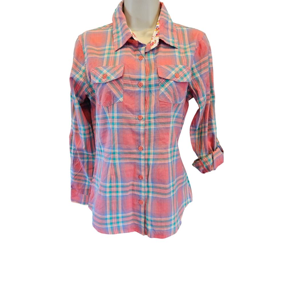 NWT overdrive pink plaid girly western roll tab sleeve button up small cowgirl